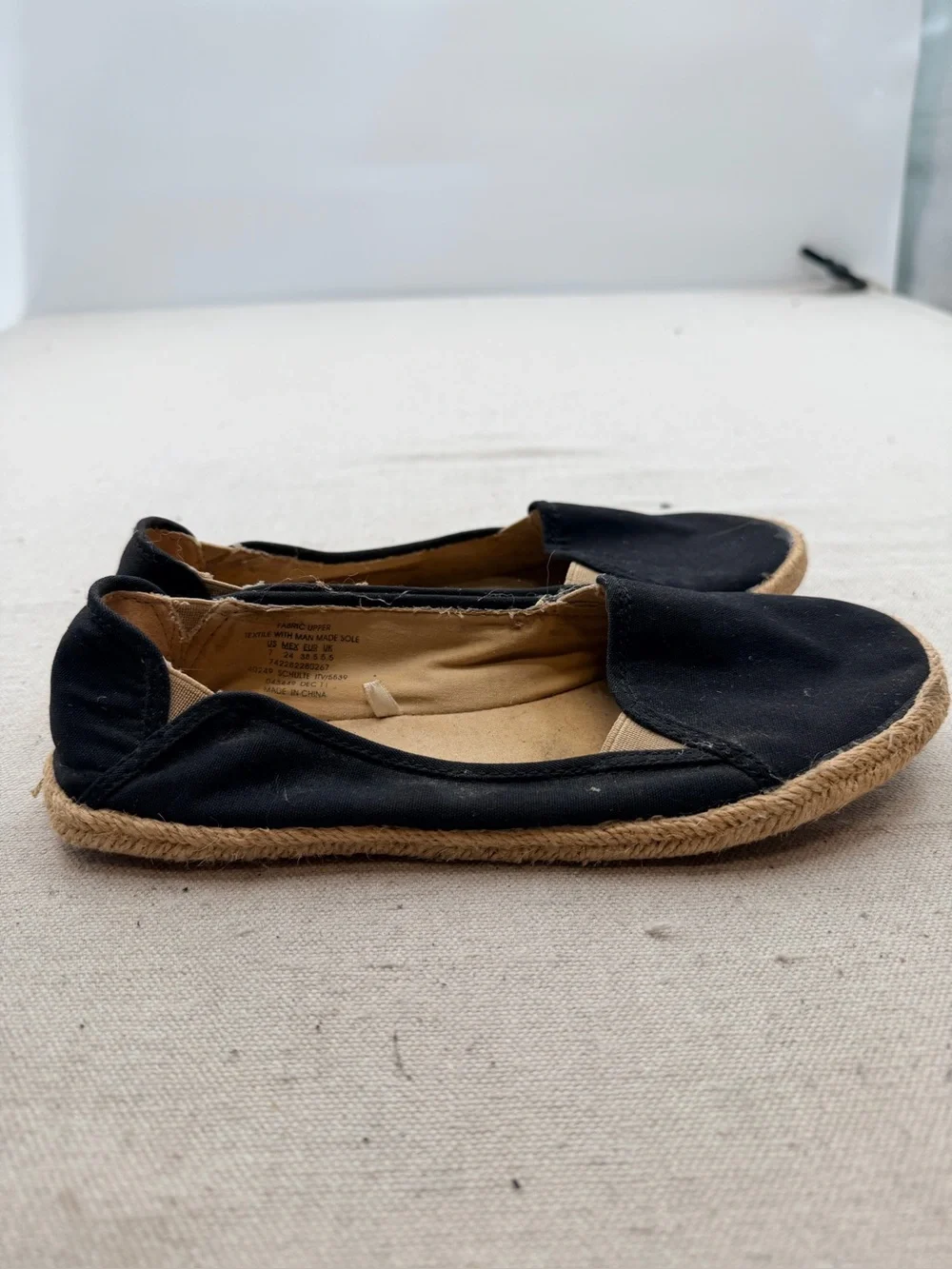 Bongo Black Canvas Espadrille Slip-On Flats with Jute Trim